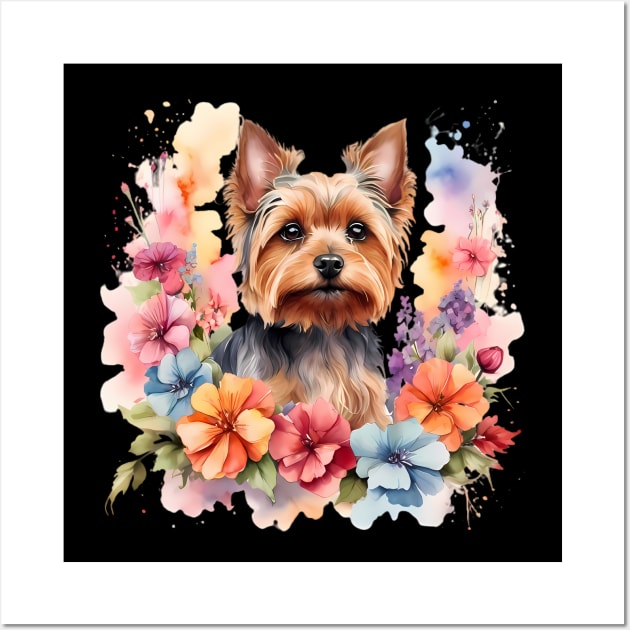 A yorkshire terrier decorated with beautiful watercolor flowers Wall Art by CreativeSparkzz